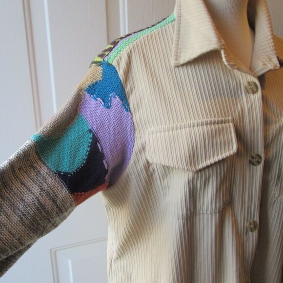 A. Peach Size Small Yellow Tan Corduroy and Multi Colored Sweater Shacket - Picture 1 of 14